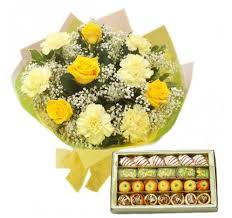Half Kg Mix Sweets and Yellow Carnation and roses bouquet