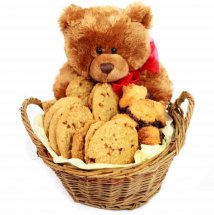 Teddy bear (6 inches) with a basket of cookies