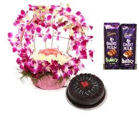 2 bubbly silk chocolates with 10 orchids basket and 10 roses 1/2 kg chocolate cake