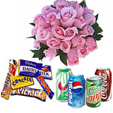 4 cans soft drinks with 20 roses and 10 chocolates
