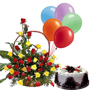 40 roses basket 2 pound cake with 6 blown balloons
