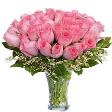 24 pink roses in a glass vase