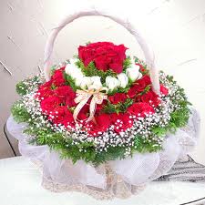40 red and white roses basket