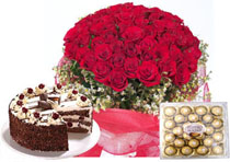 100 red roses , 24 Chocolates, 1 kg cake