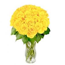 24 yellow roses in a glass vase