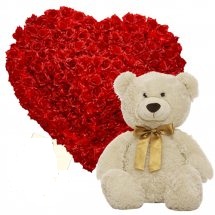 A heart of 36 Red Roses with 12 inches Teddy bear