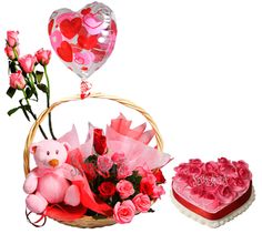 10 Pink Roses Pink teddy in a basket 1 Kg heart Strawberry cake 1 Pink Balloon