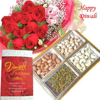 Hamper includes 500 gms mixed dryfruits box and bunch of 10 mixed color roses alongwith roli and tikka.