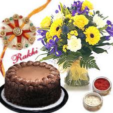 Flowers and cake with rakhi