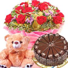 1/2 kg Cake and 12 red roses bouquet with teddy FREE rakhi