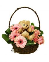Teddy bear inches 8 short stems of pink gerberas pink roses in Basket