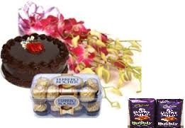 2 bubbly silk chocolates with 10 orchids bunch and 16 Ferrero rocher box with 1/2 kg cake