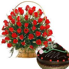 24 red roses basket with heart shaped chocolate cake 1 kg