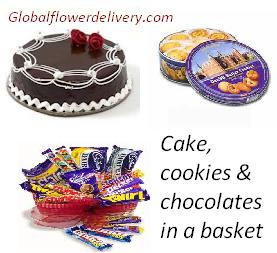 Chocolates cookies and cake in a basket